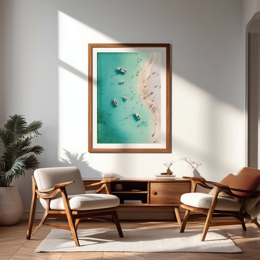 AI-crafted seascape wall art print styled in a modern living room