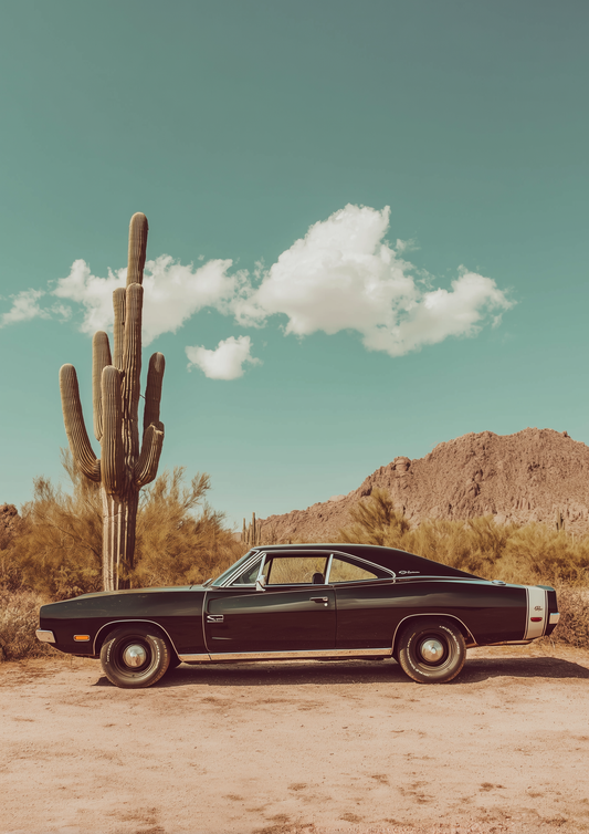 A2 side profile artwork of a Dodge Charger in strong, graphic style. Artwork example.