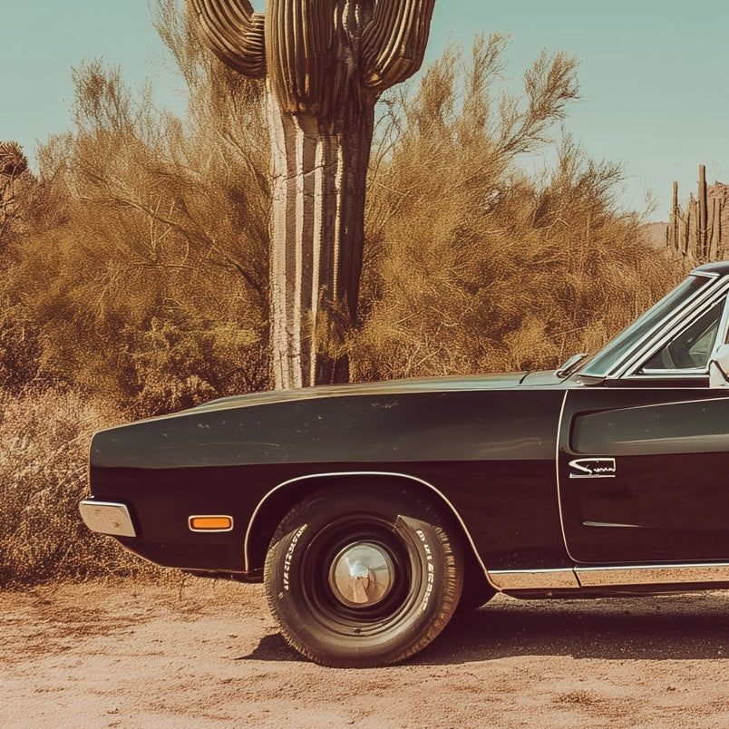 Close-up detail of A2 side profile artwork of a Dodge Charger in strong, graphic style.