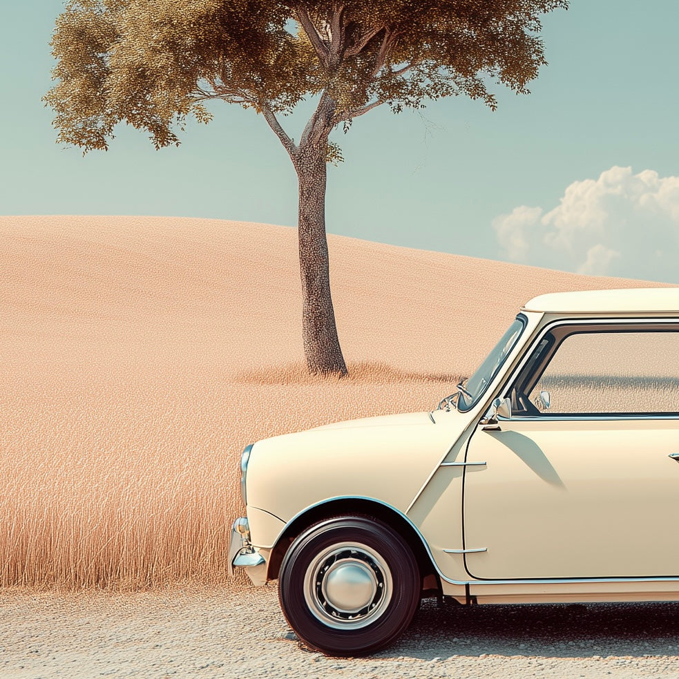 Close-up detail of A2 wall art print of a Mini Cooper in bold side profile design.