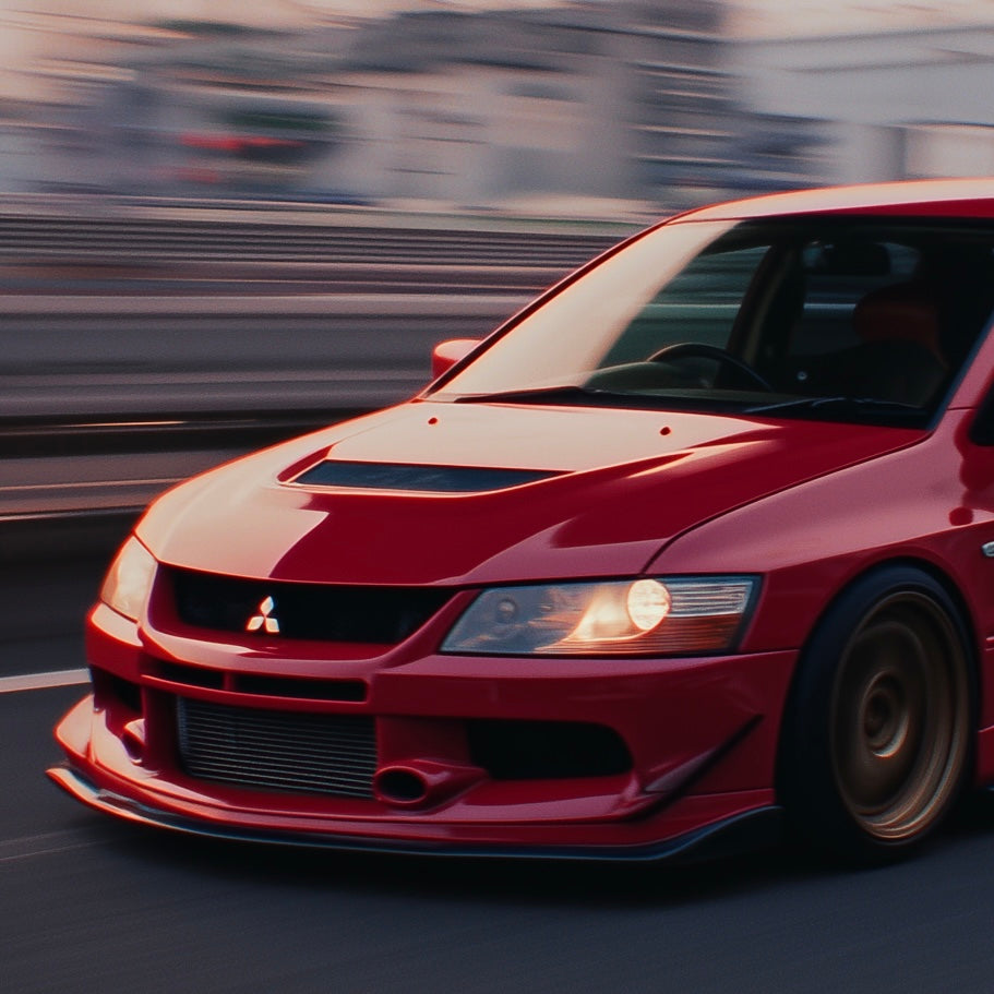 Close-up detail of A2 wall art print of a Mitsubishi Lancer Evolution 9 in a modern graphic style.