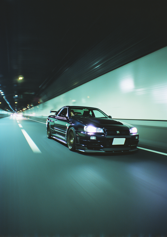 A2 minimalist artwork of a Nissan Skyline R34 GT-R sports car. Artwork example.