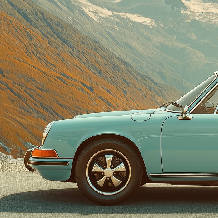 Close-up detail of A2 side profile print of a Porsche 911 in sleek, minimalist design.
