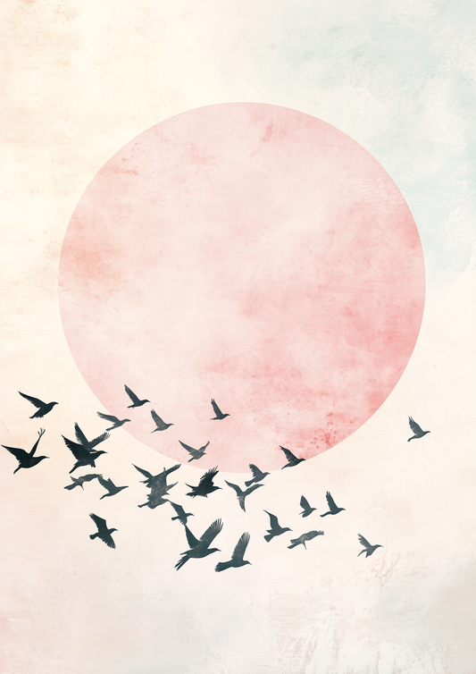 A2 print featuring abstract birds in flight under soft afternoon skies. Artwork example.