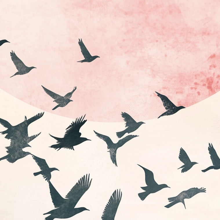 Close-up detail of A2 print featuring abstract birds in flight under soft afternoon skies.