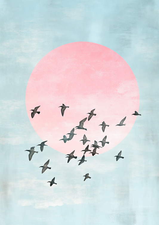 A2 abstract artwork with birds silhouetted against dusk-colored skies. Artwork example.
