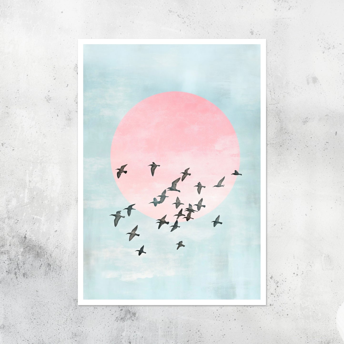 Unframed A2 abstract artwork with birds silhouetted against dusk-colored skies.