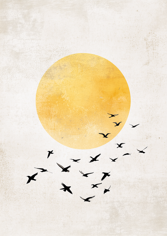 A2 print of birds flying through a misty, dreamlike landscape. Artwork example.