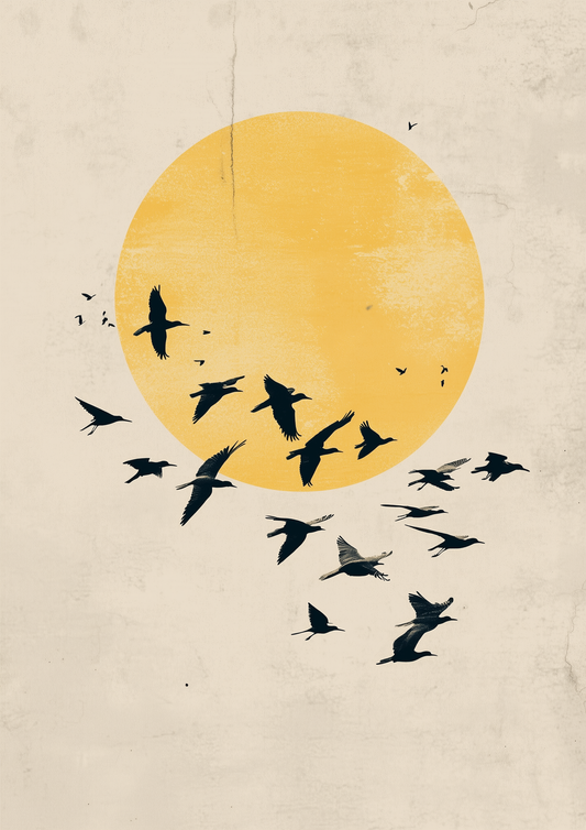 A2 abstract art showing birds flying under soft morning skies. Artwork example.