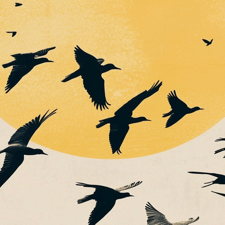 Close-up detail of A2 abstract art showing birds flying under soft morning skies.