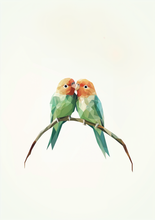 A2 print with two polygon-style green birds in a modern abstract design. Artwork example.