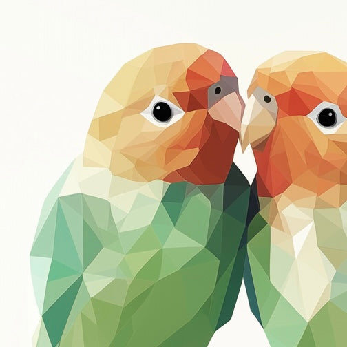 Close-up detail of A2 print with two polygon-style green birds in a modern abstract design.