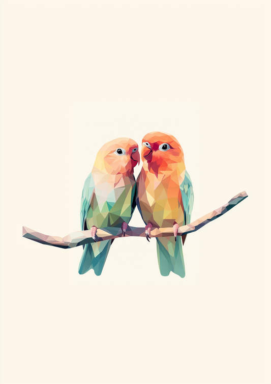 A2 print featuring two polygonal birds in peach tones, blending modernity and nature. Artwork example.