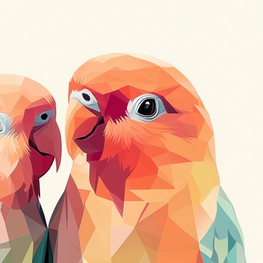 Close-up detail of A2 print featuring two polygonal birds in peach tones, blending modernity and nature.