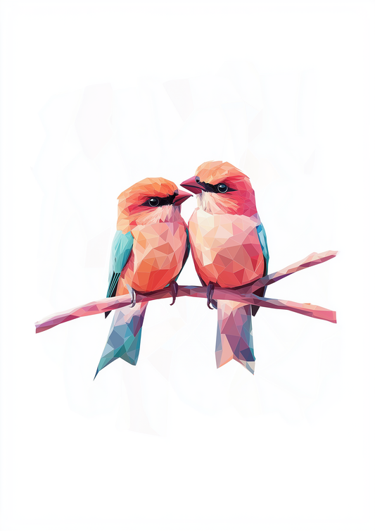 A2 wall art of two pink polygon birds in a lively, modern style. Artwork example.