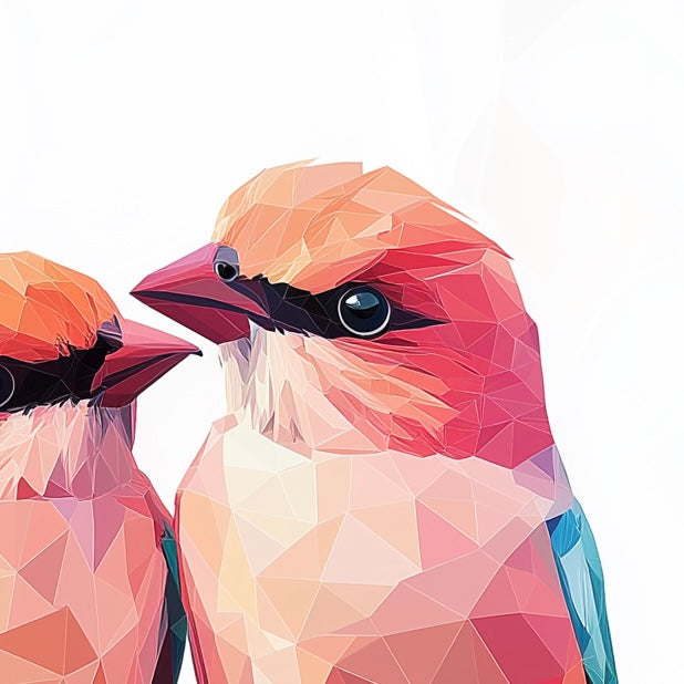 Close-up detail of A2 wall art of two pink polygon birds in a lively, modern style.