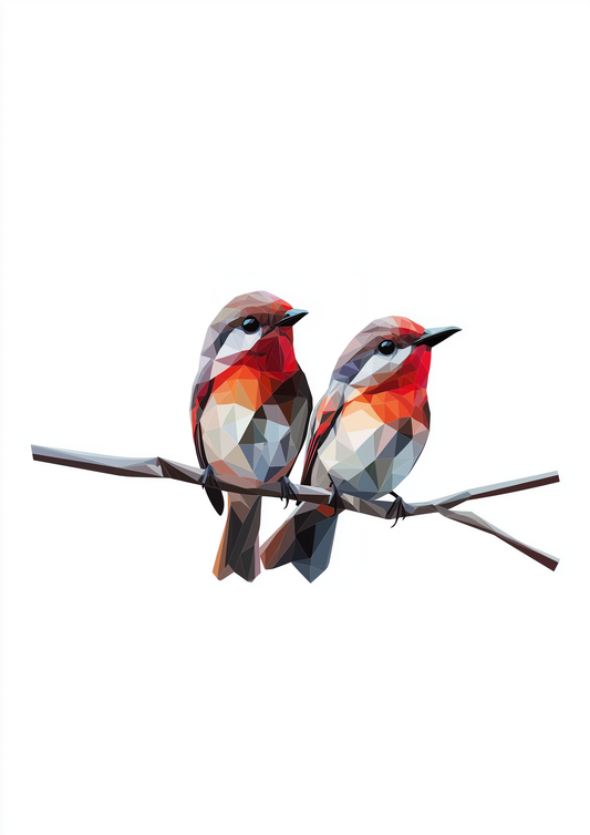 A2 print with two striking red polygon birds in an abstract style. Artwork example.