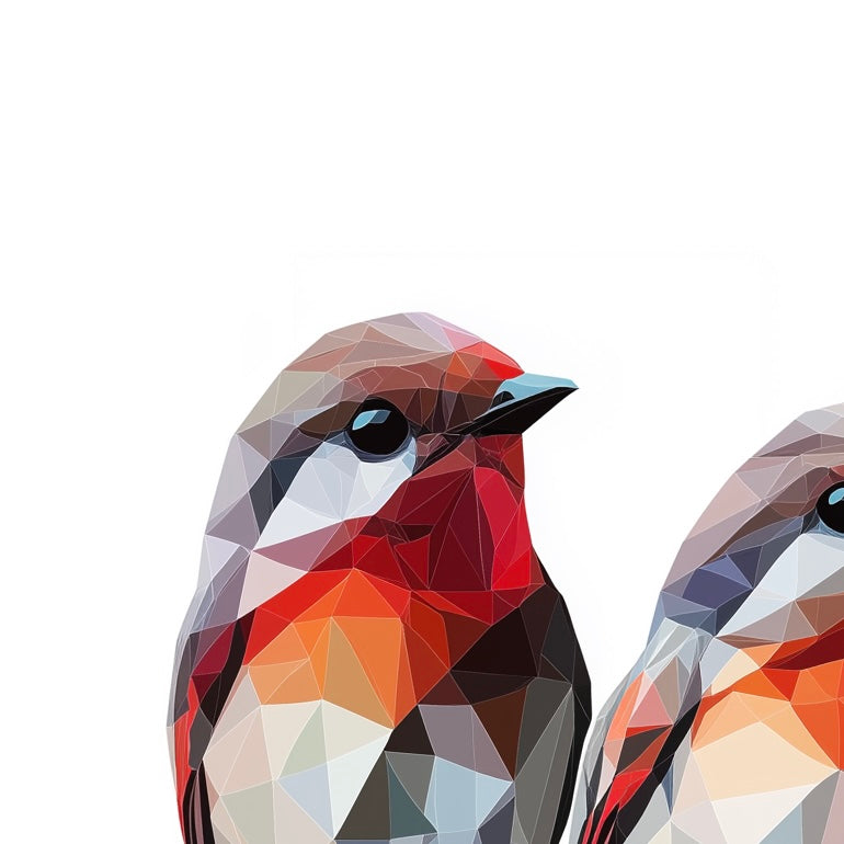 Close-up detail of A2 print with two striking red polygon birds in an abstract style.