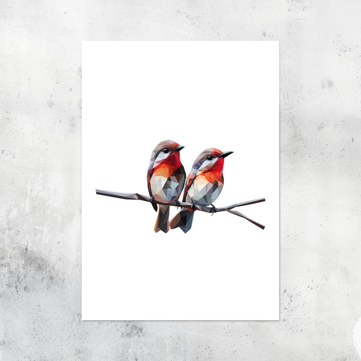 Unframed A2 print with two striking red polygon birds in an abstract style.