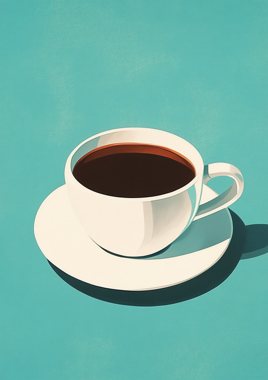 A2 minimalist print of a black coffee cup in a clean design. Artwork example.