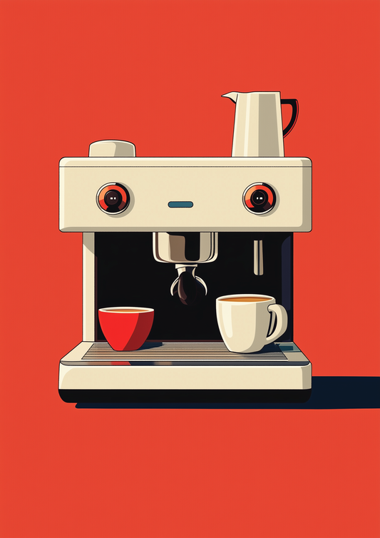 A2 minimalist illustration of an espresso machine for coffee lovers. Artwork example.