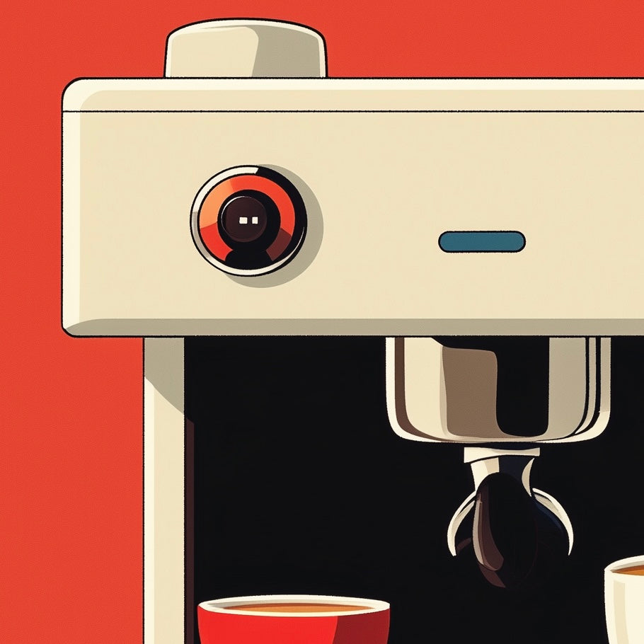 Close-up detail of A2 minimalist illustration of an espresso machine for coffee lovers.