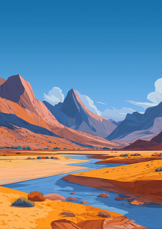 A2 landscape print with rocky mountains in dark, dramatic tones. Artwork example.