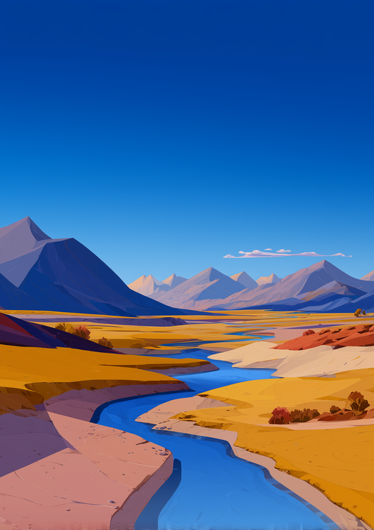 A2 print of a flowing mountain stream through grassy terrain. Artwork example.