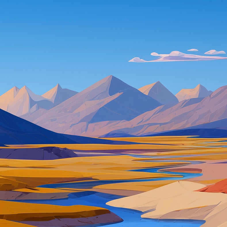 Close-up detail of A2 print of a flowing mountain stream through grassy terrain.