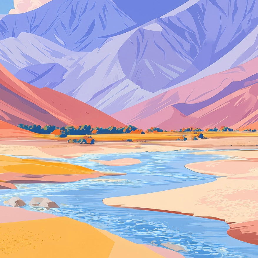 Close-up detail of A2 landscape artwork featuring vast open terrain with soft colors.