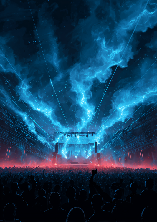 A2 music art print featuring blue EDM soundwaves and visual pulses. Artwork example.