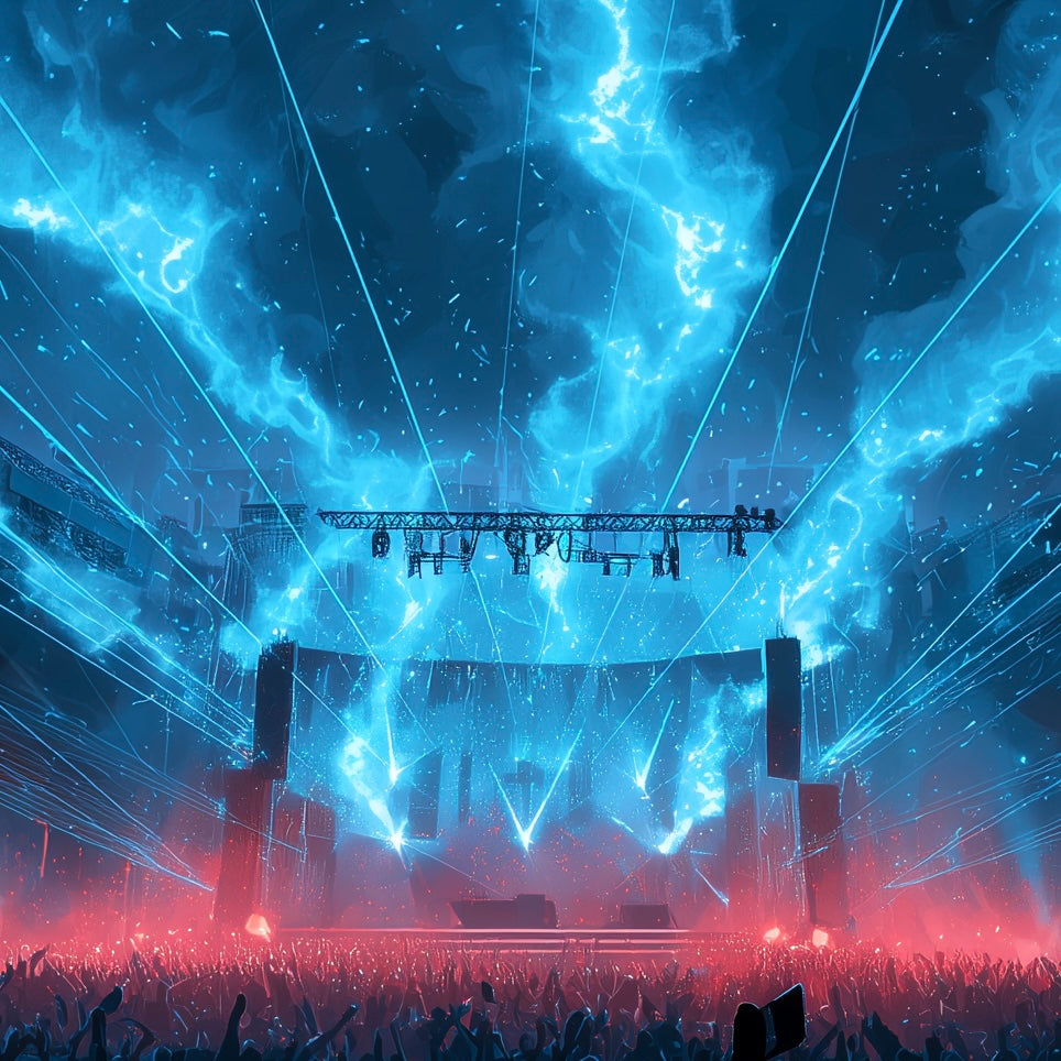 Close-up detail of A2 music art print featuring blue EDM soundwaves and visual pulses.