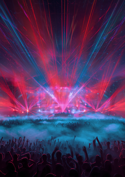 A2 music art with bold red EDM waveform designs and abstract energy. Artwork example.