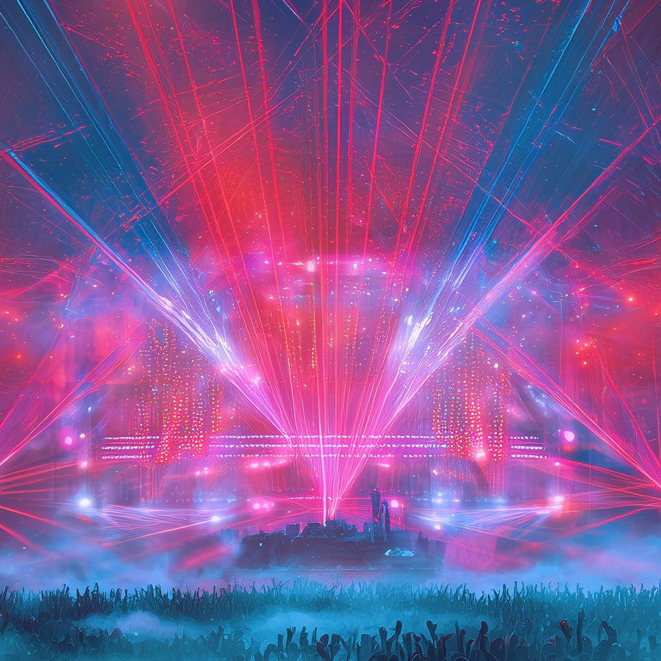 Close-up detail of A2 music art with bold red EDM waveform designs and abstract energy.