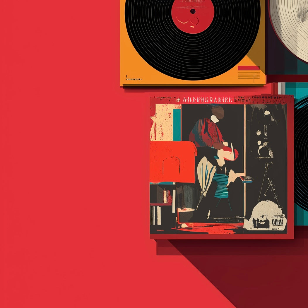 Close-up detail of A2 music-themed wall art featuring vinyl records in abstract layout.