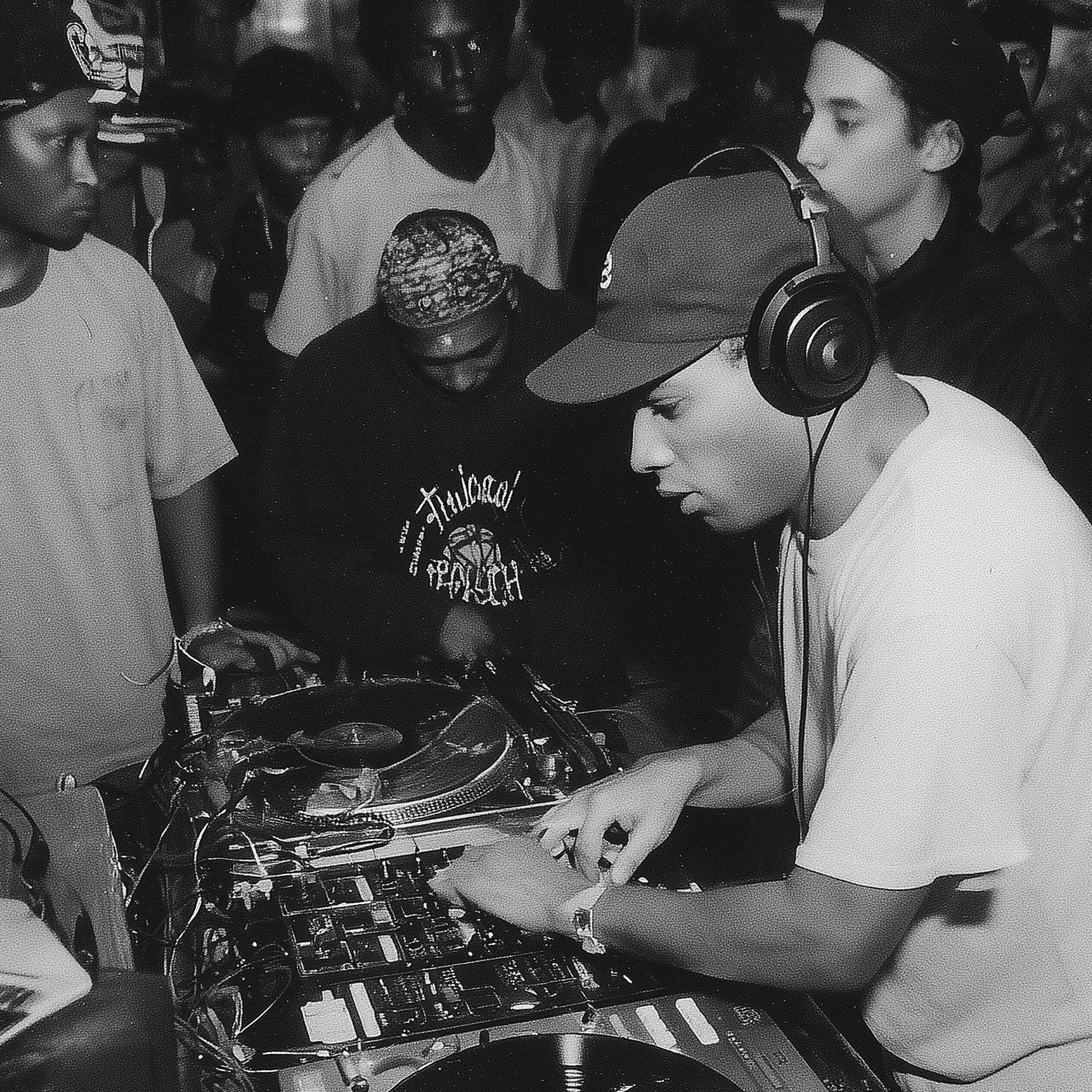 Close-up detail of A2 artwork illustrating an underground 90s house party scene.