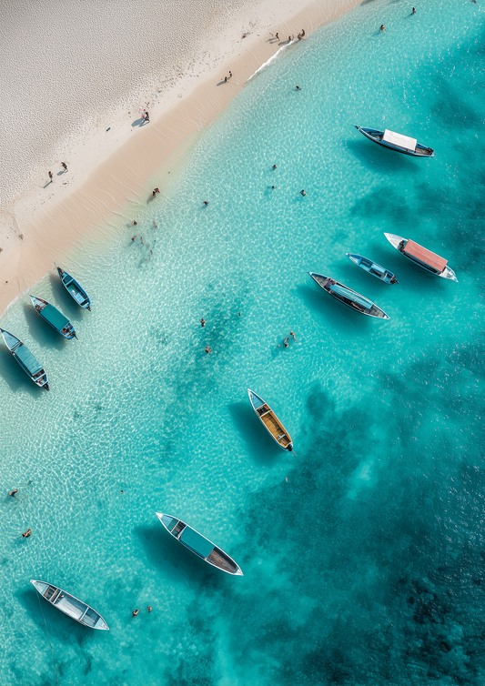 A2 tropical seascape print of Bali beach with soft waves and blue skies. Artwork example.