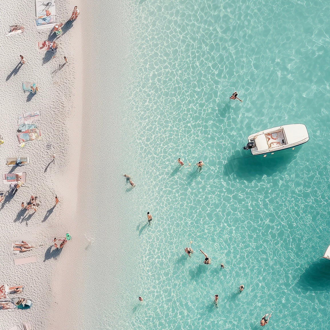 Close-up detail of A2 artwork of an Italian beach with soft sea tones and sun-drenched rocks.