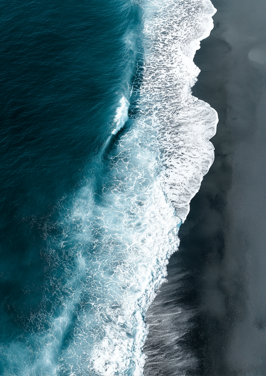 A2 seascape print with black sand and shoreline waves. Artwork example.