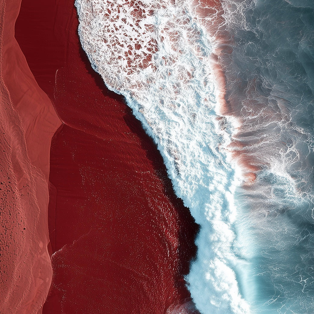 Close-up detail of A2 ocean artwork with vivid red sand and abstract composition.