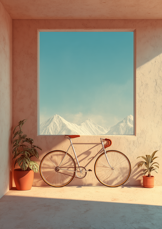 A2 photo art of a bike set againts a modern exterior building. Artwork example.