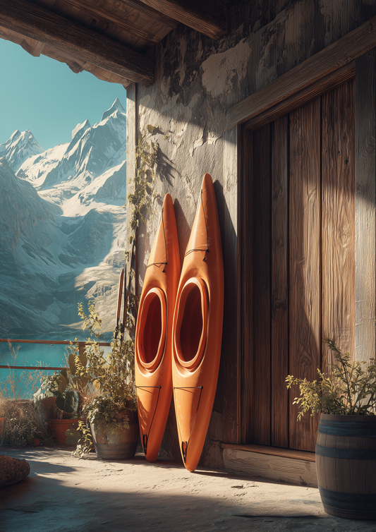 A2 photo of kayaks leant against a log cabin, colorful style. Artwork example.