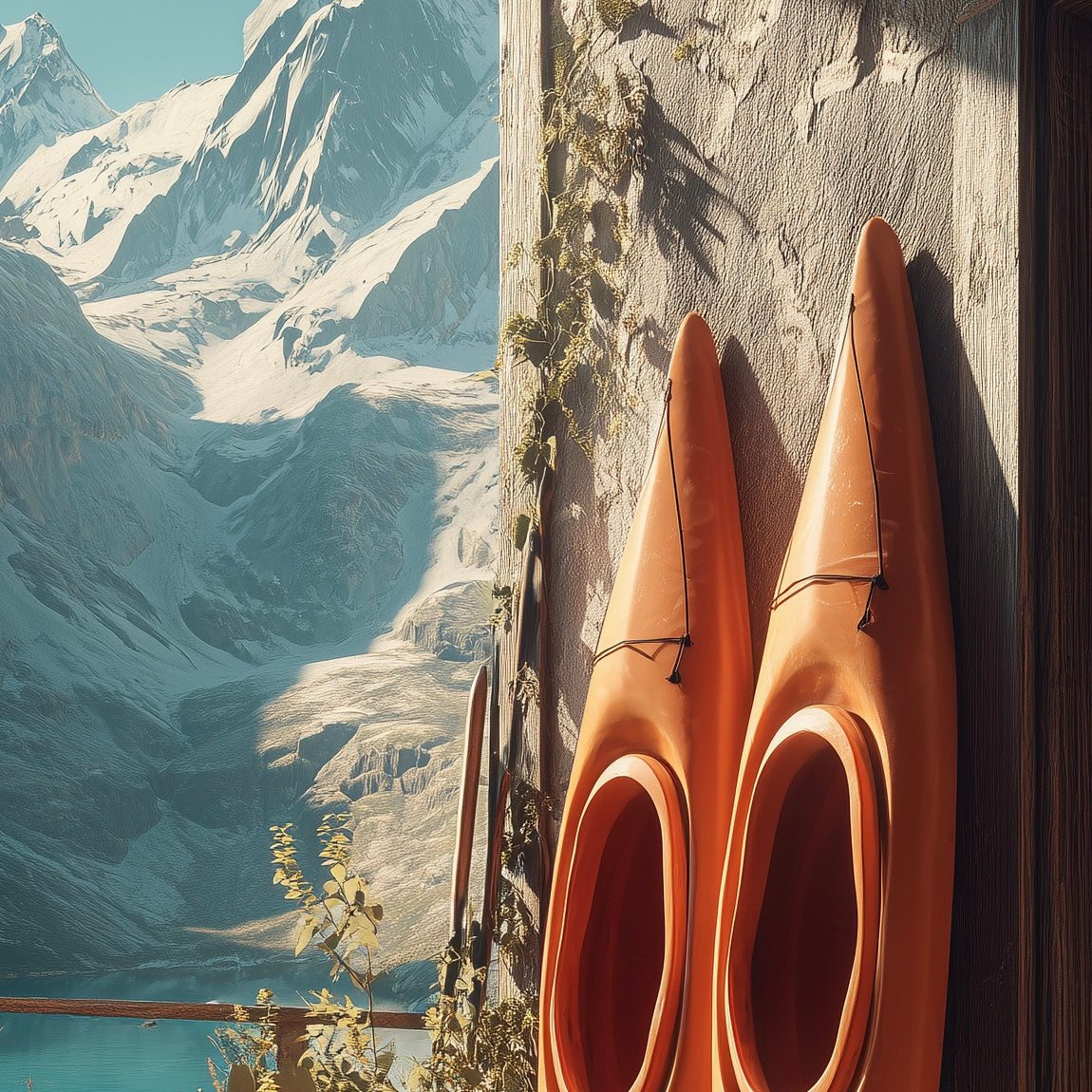 Close-up detail of A2 photo of kayaks leant against a log cabin, colorful style.