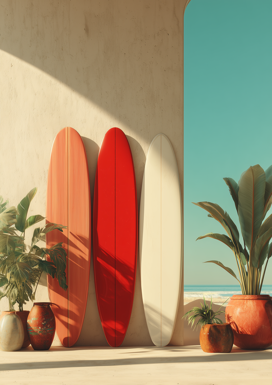 A2 artwork of surfboards on the beach in pastel tones and clean lines. Artwork example.
