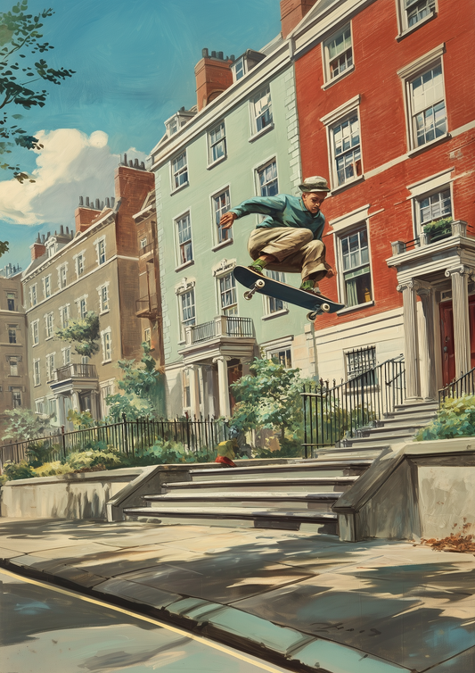 A2 retro-style artwork of a skateboarder performing a trick. Artwork example.