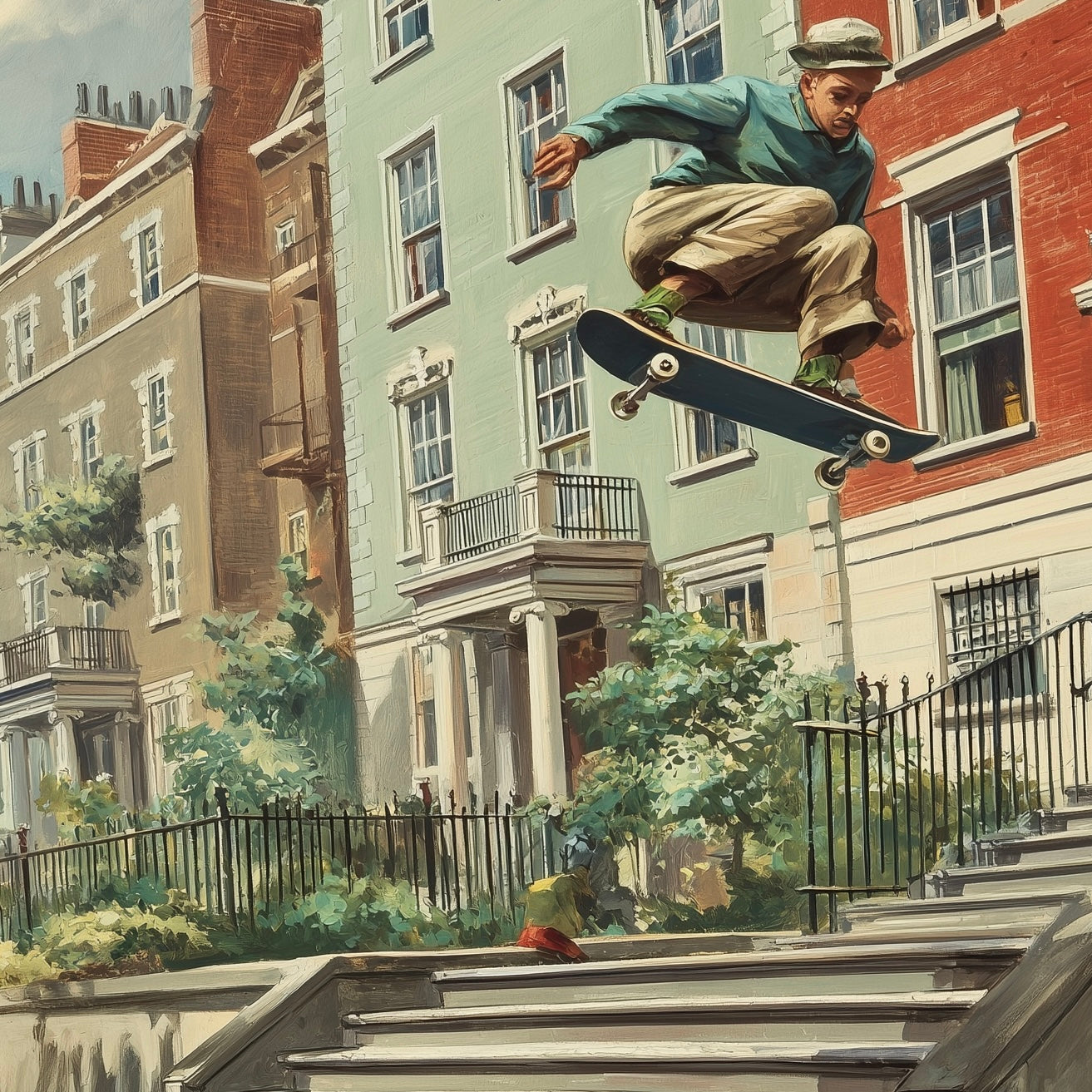 Close-up detail of A2 retro-style artwork of a skateboarder performing a trick.