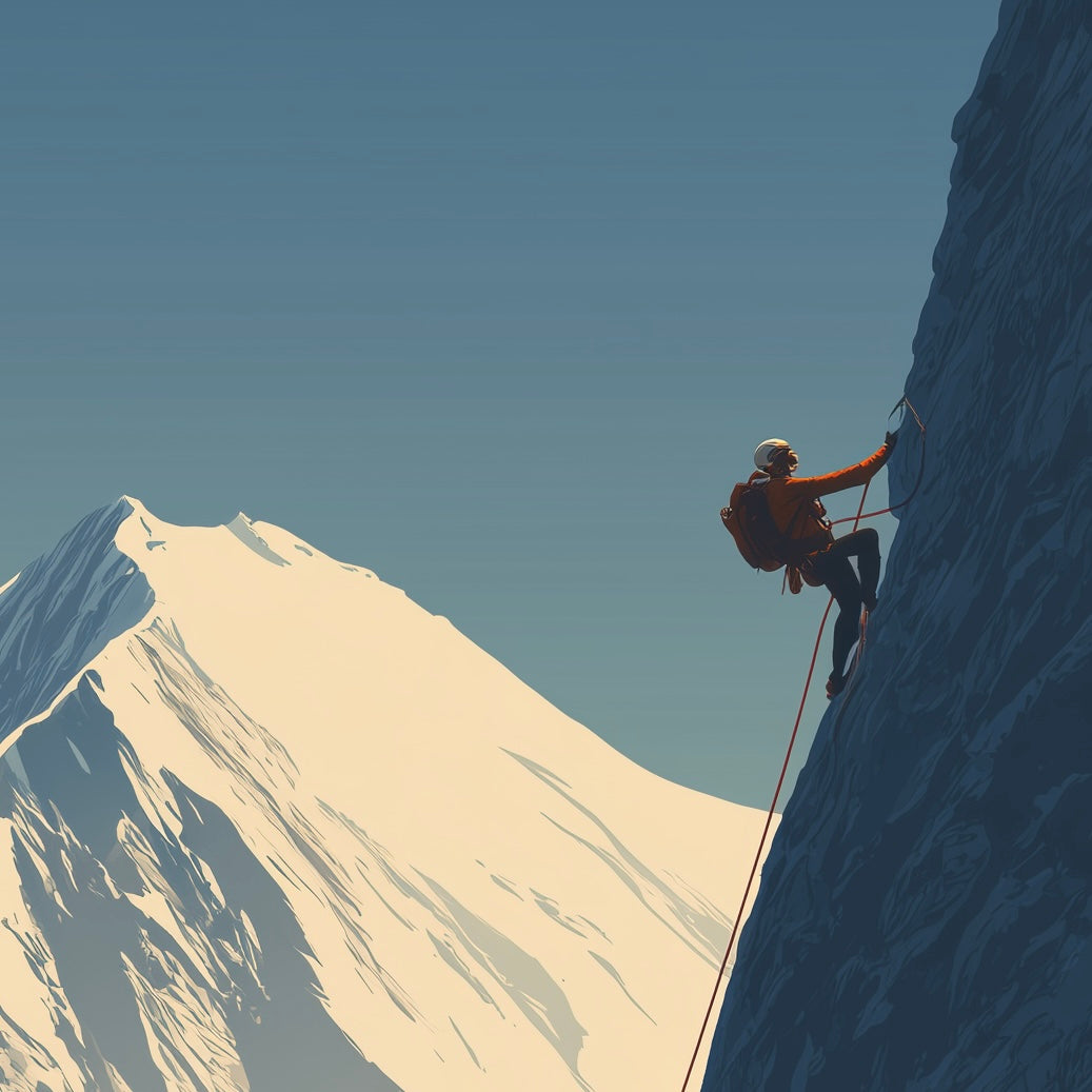 Close-up detail of A2 abstract artwork of a mountain climber ascending a cliff face.