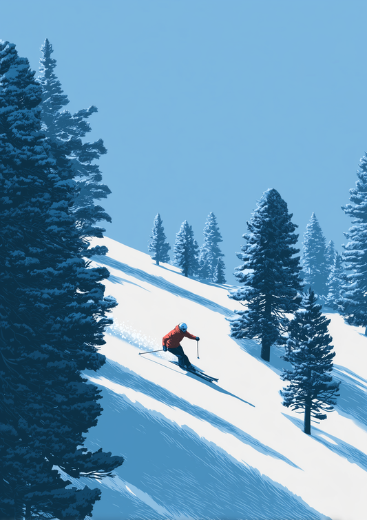 A2 abstract skiing artwork featuring a skier racing down a snowy mountain. Artwork example.