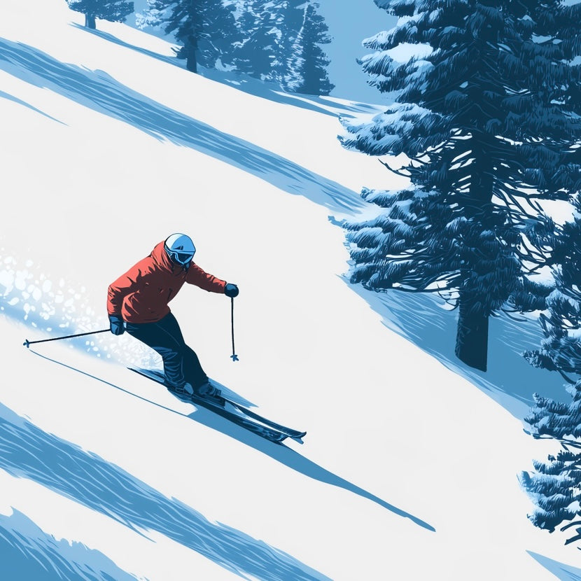 Close-up detail of A2 abstract skiing artwork featuring a skier racing down a snowy mountain.