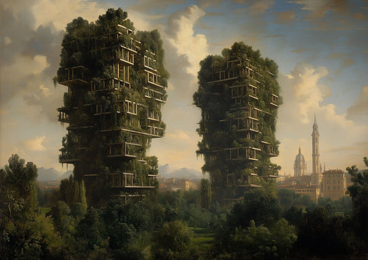 A2 art print of Bosco Verticale in Milan, featuring green vertical forest architecture in classical style. Artwork example.